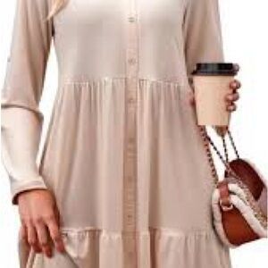 Chic Beige Long-Sleeve Dress with Pockets -Size M